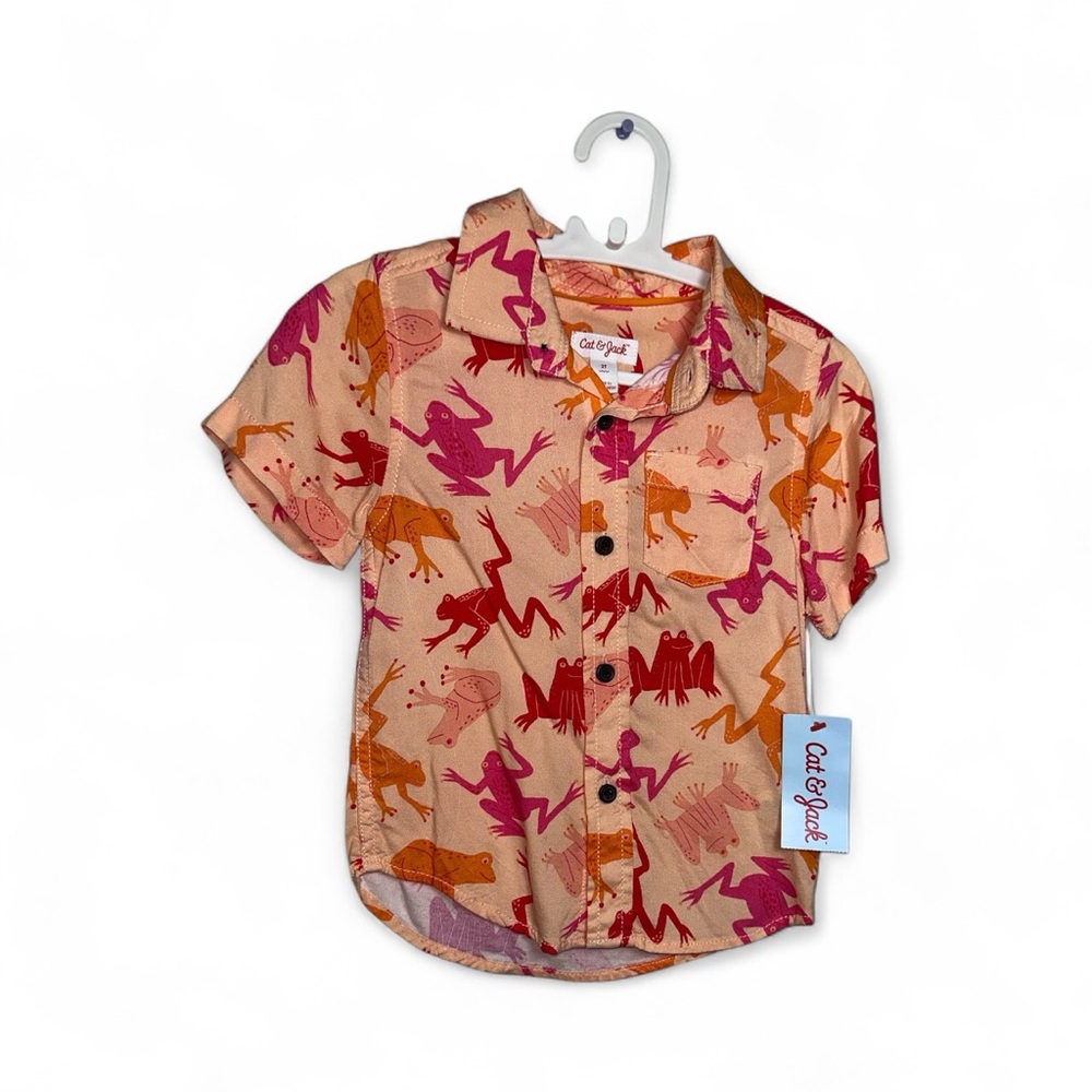 Cat & Jack Kids Button Down Shirt - Pink and Orange Dinosaur Print